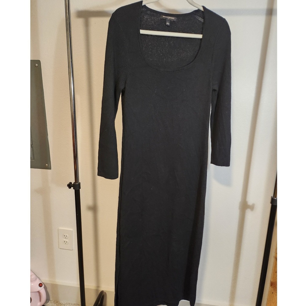 Banana Republic Black Ribbed Knit Long Sleeve Midi Dress Size L